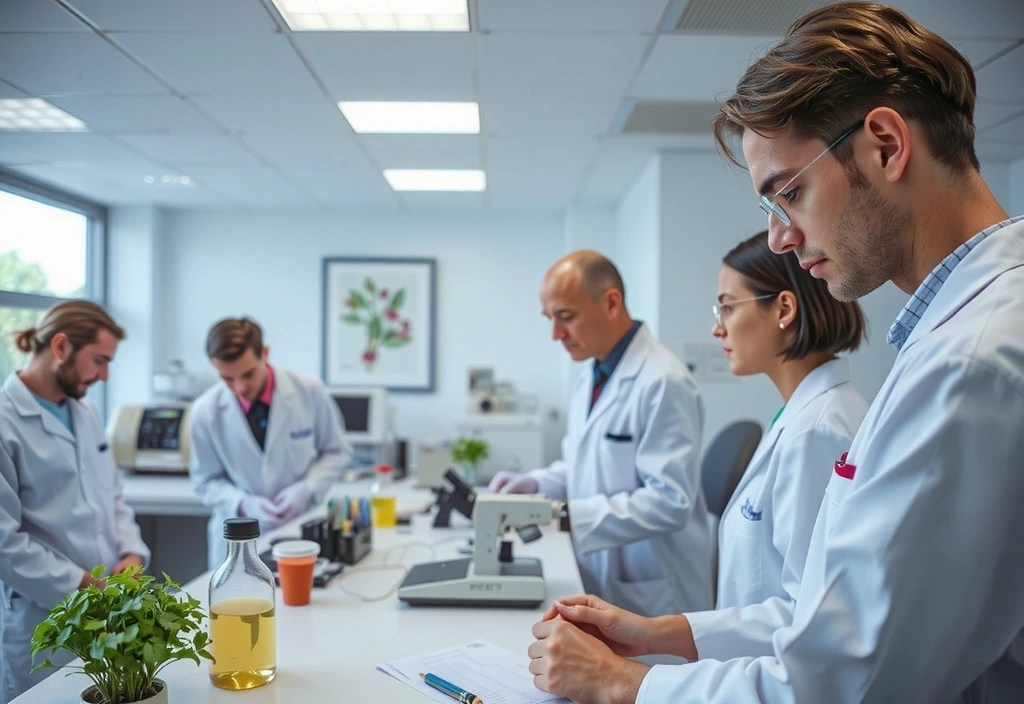 A clean, modern laboratory setting with advanced equipment and natural plant elements