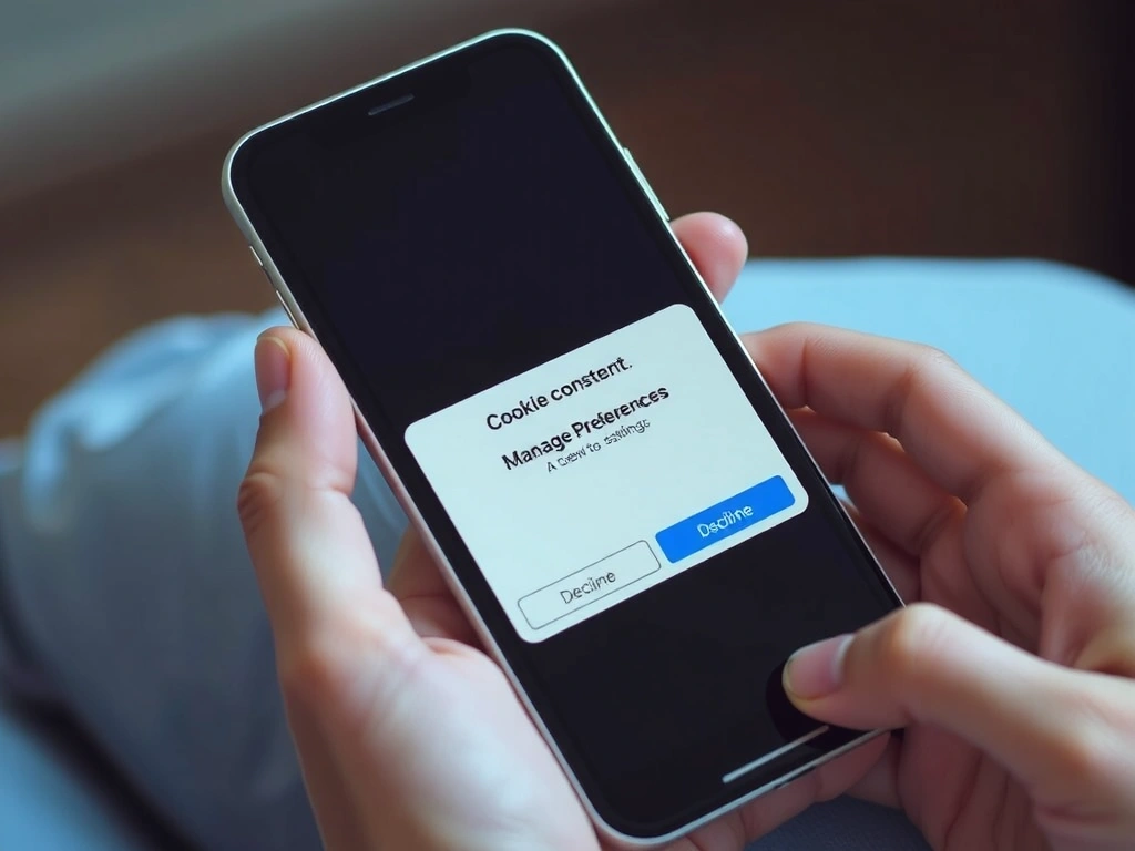 Image of a hand holding a smartphone with a cookie consent pop-up, illustrating user choices and data control